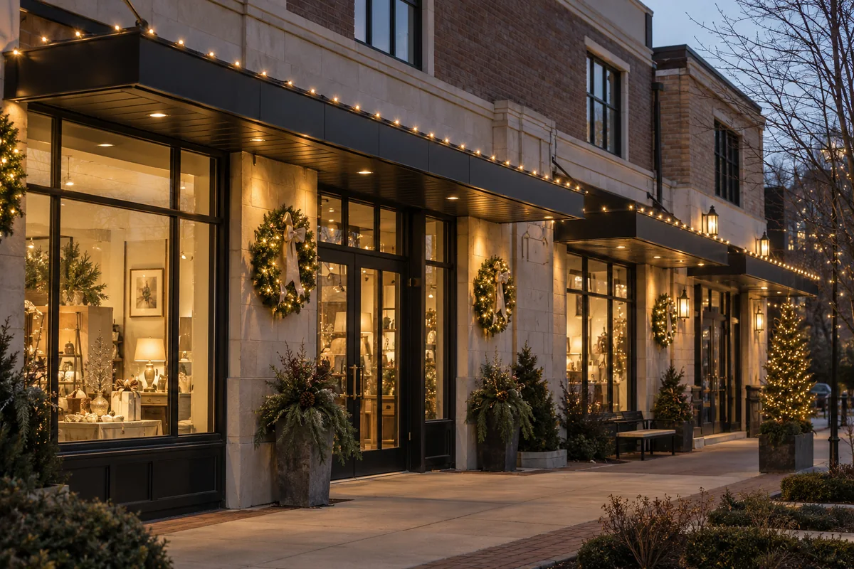 Coordinated warm white holiday lights at a small shopping plaza
