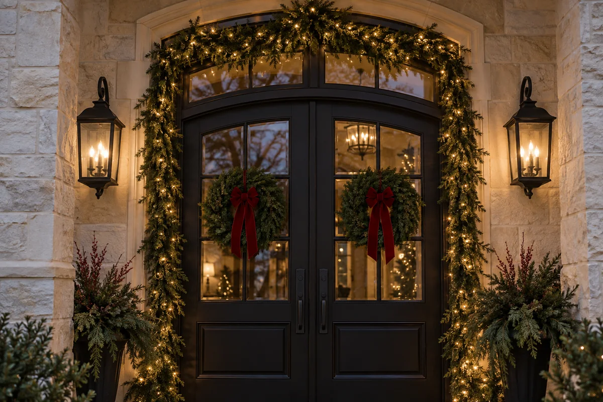 Lighted holiday greenery framing a stone residential entrance