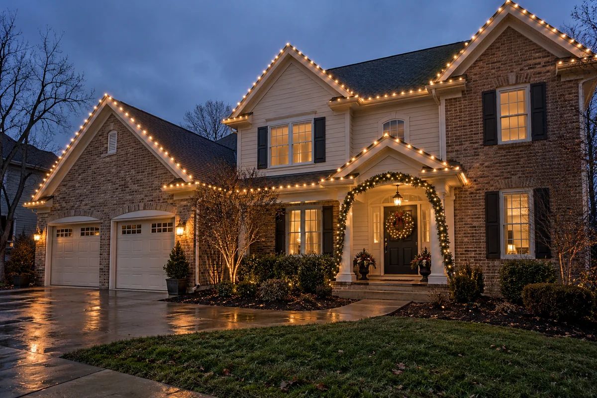 Christmas roofline lights on a brick and cream siding home