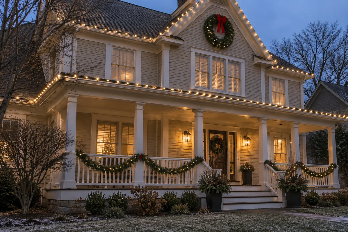 Warm white Christmas lights outlining a traditional home and porch