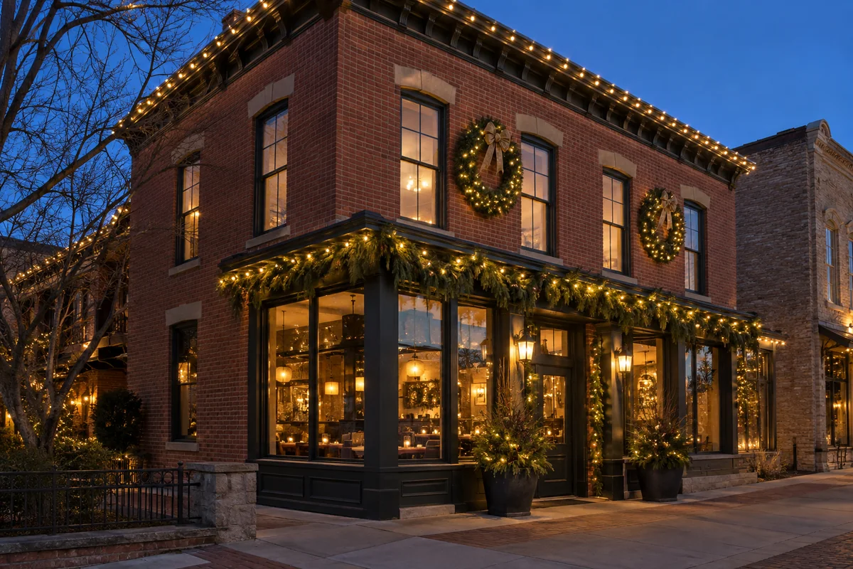 Seasonal lights and greenery on a brick restaurant facade