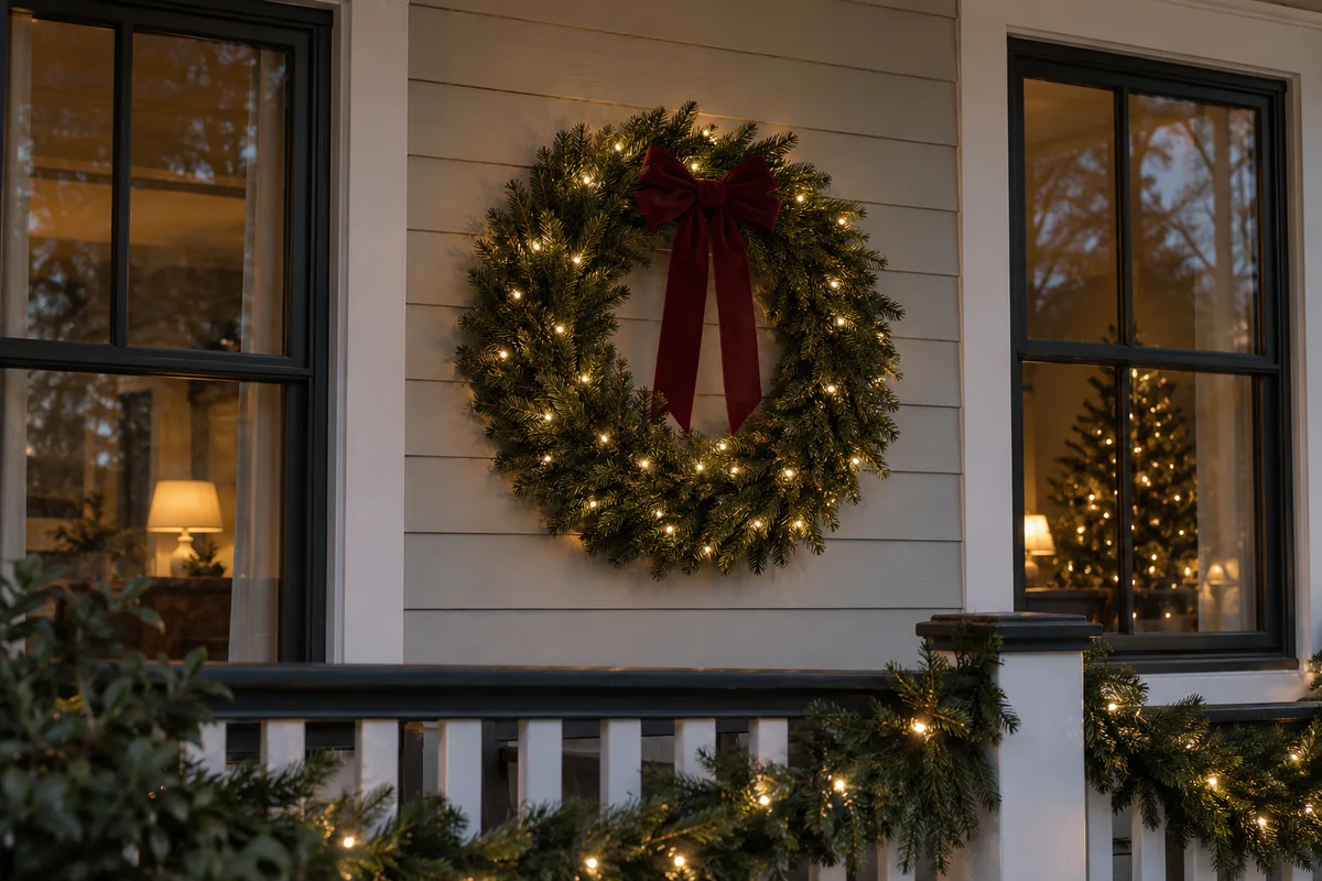 An illuminated wreath and garland on a traditional porch