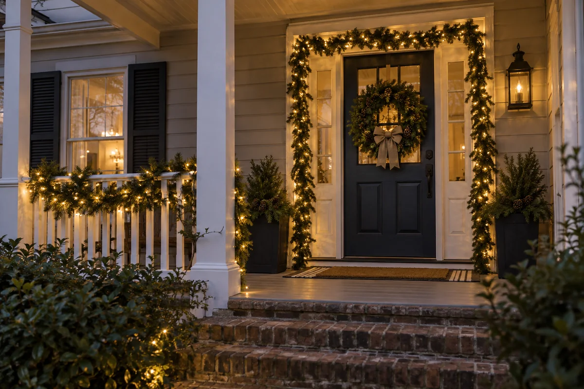 A wreath and lighted garland at a welcoming front porch