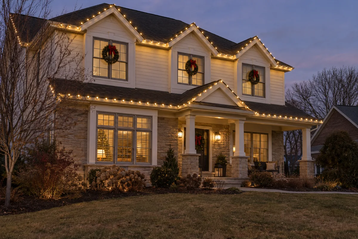 Warm white Christmas roofline lights on a cream home with a porch