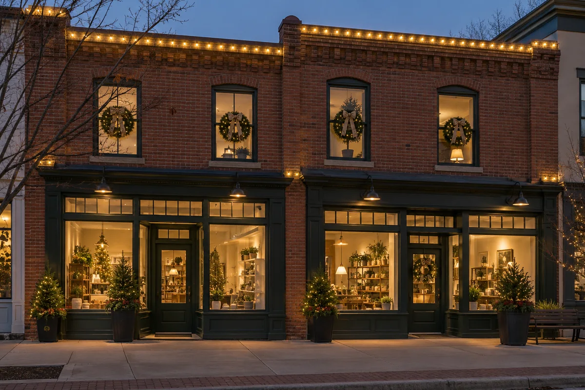 Warm white holiday lights on two well-kept storefronts